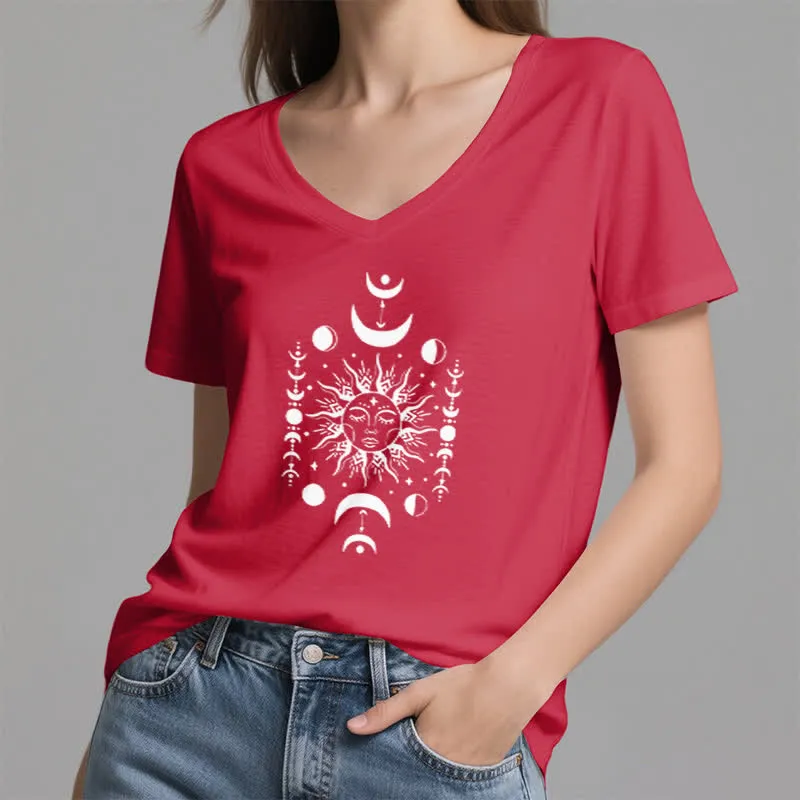 Olivenorma Sonne und Mond Ästhetisches Yoga T-Shirt mit V-Ausschnitt