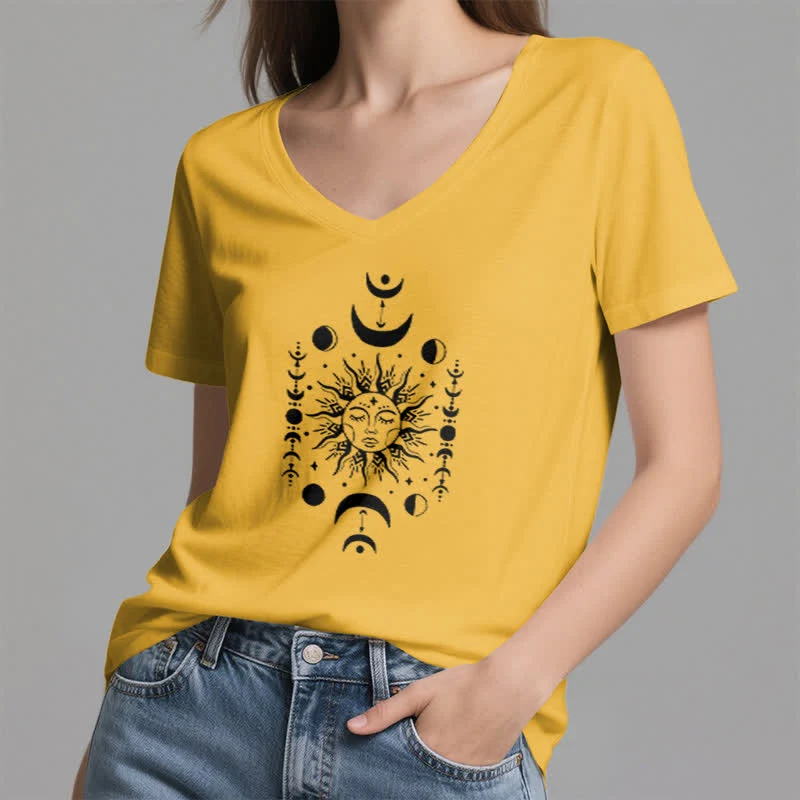 Olivenorma Sonne und Mond Ästhetisches Yoga T-Shirt mit V-Ausschnitt