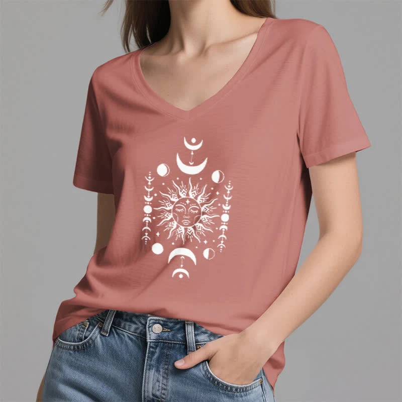 Olivenorma Sonne und Mond Ästhetisches Yoga T-Shirt mit V-Ausschnitt