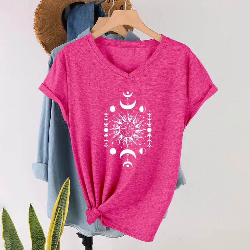 Olivenorma Sonne und Mond Ästhetisches Yoga T-Shirt mit V-Ausschnitt