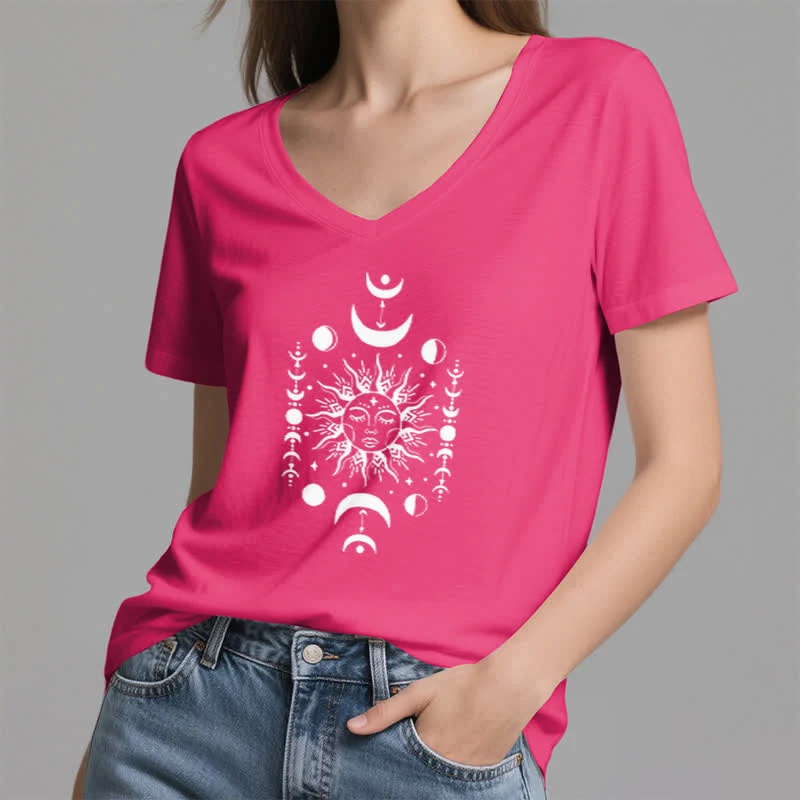 Olivenorma Sonne und Mond Ästhetisches Yoga T-Shirt mit V-Ausschnitt