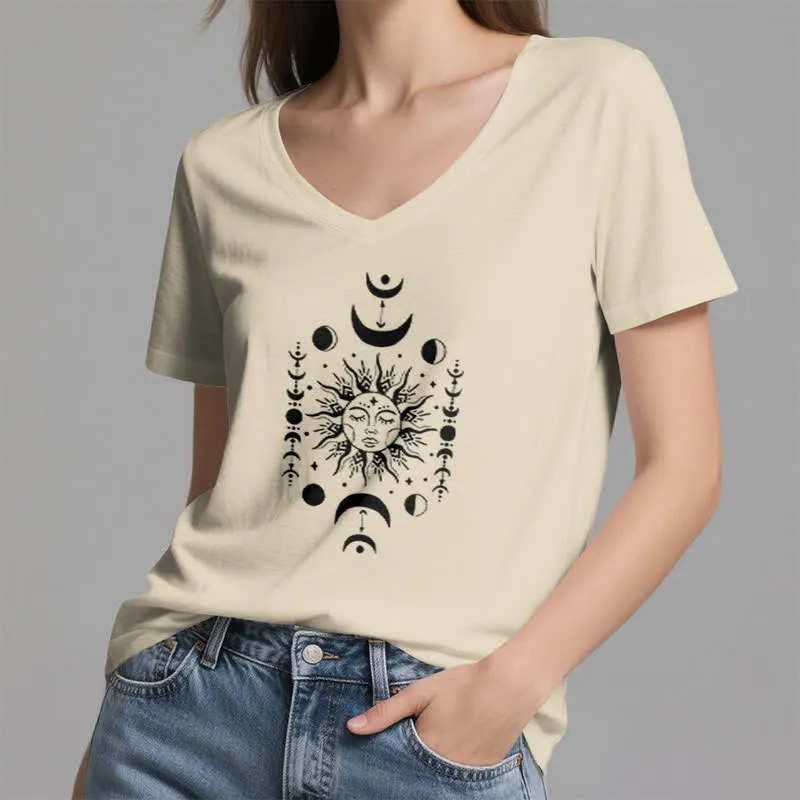 Olivenorma Sonne und Mond Ästhetisches Yoga T-Shirt mit V-Ausschnitt