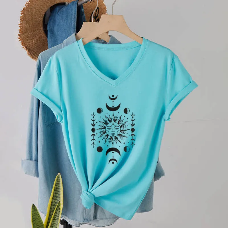 Olivenorma Sonne und Mond Ästhetisches Yoga T-Shirt mit V-Ausschnitt