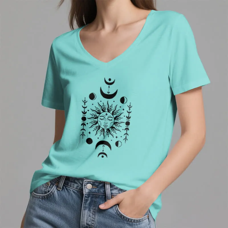 Olivenorma Sonne und Mond Ästhetisches Yoga T-Shirt mit V-Ausschnitt