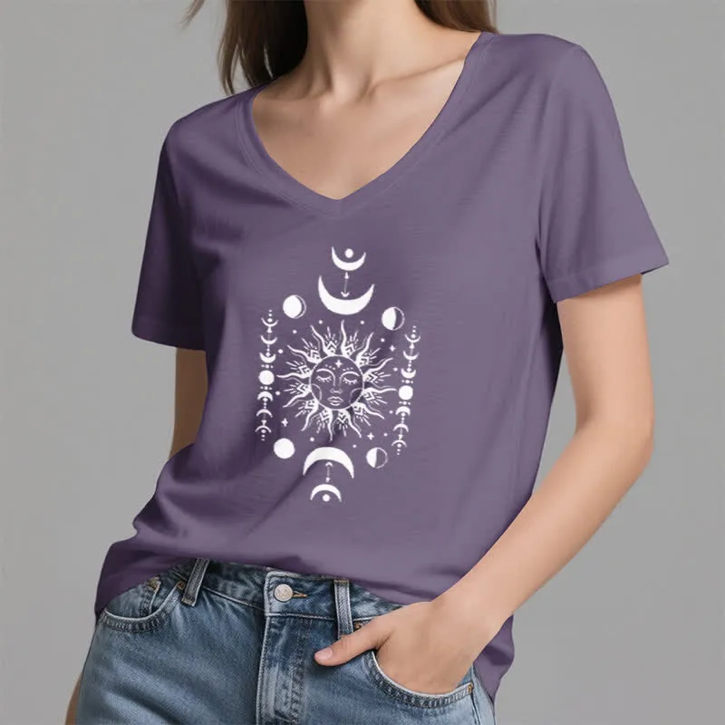 Olivenorma Sonne und Mond Ästhetisches Yoga T-Shirt mit V-Ausschnitt