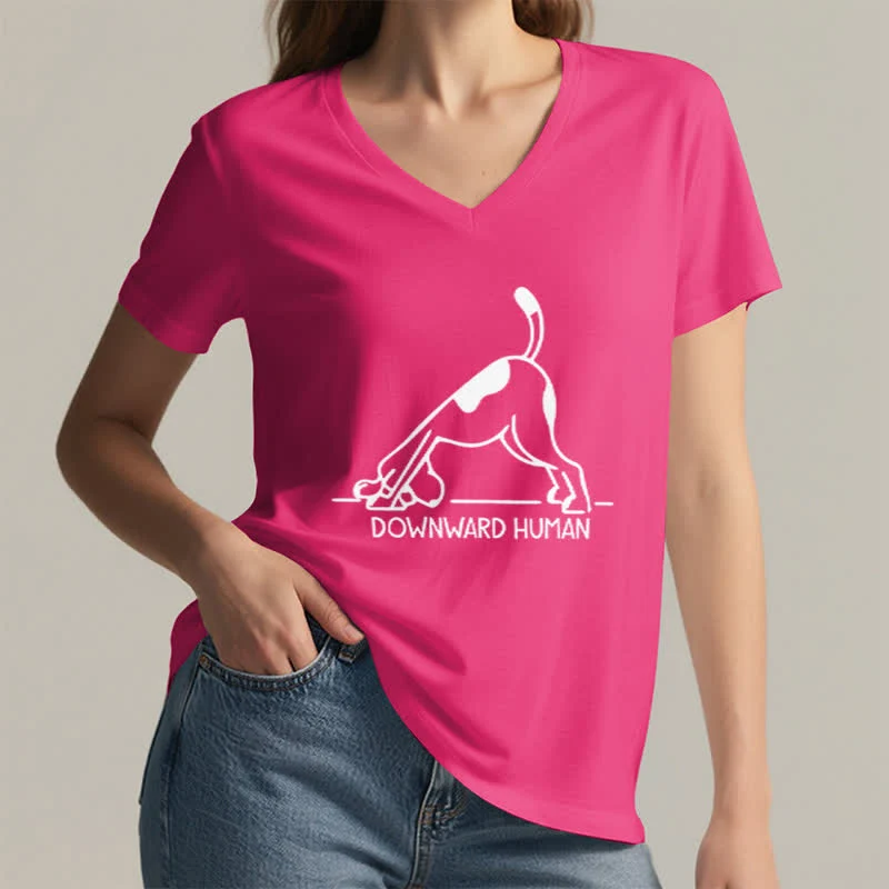 Olivenorma Downward-Facing Dog Yoga T-Shirt mit V-Ausschnitt