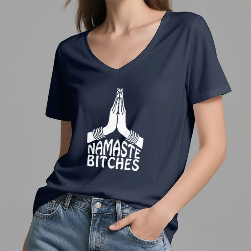 Olivenorma Lustiges Namaste Meditation Yoga T-Shirt mit V-Ausschnitt