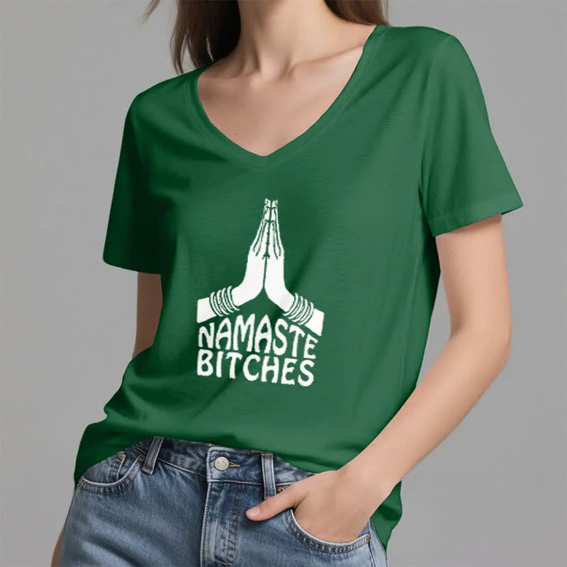 Olivenorma Lustiges Namaste Meditation Yoga T-Shirt mit V-Ausschnitt