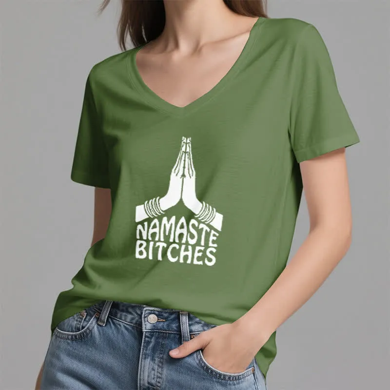 Olivenorma Lustiges Namaste Meditation Yoga T-Shirt mit V-Ausschnitt