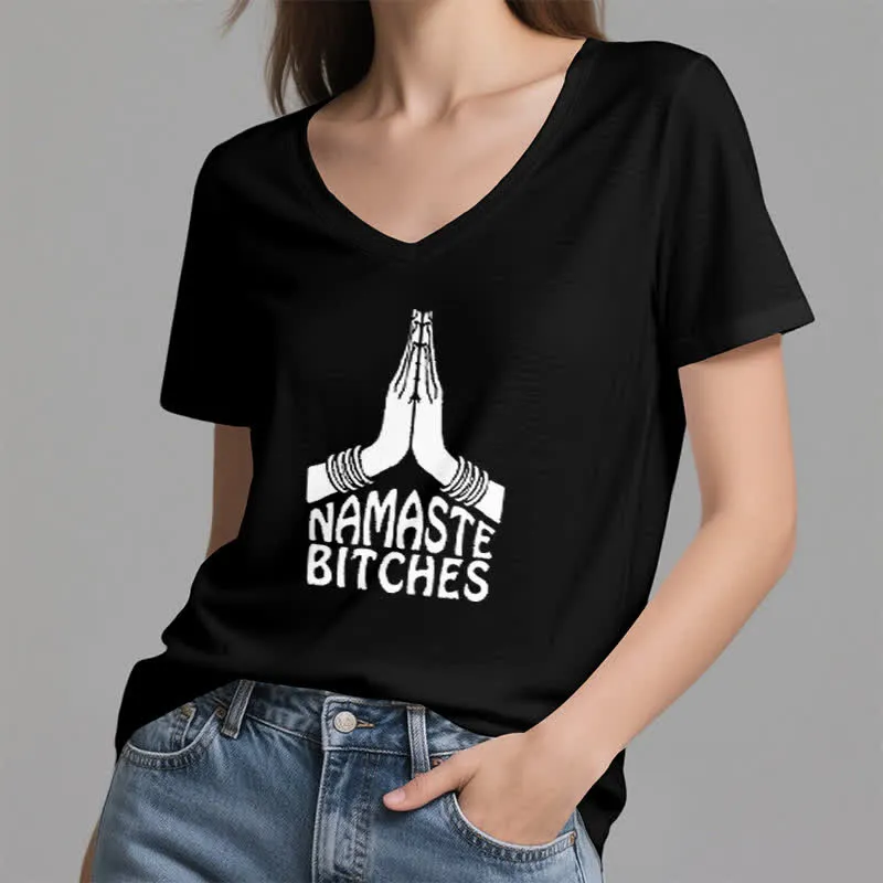 Olivenorma Lustiges Namaste Meditation Yoga T-Shirt mit V-Ausschnitt