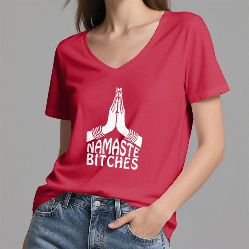 Olivenorma Lustiges Namaste Meditation Yoga T-Shirt mit V-Ausschnitt