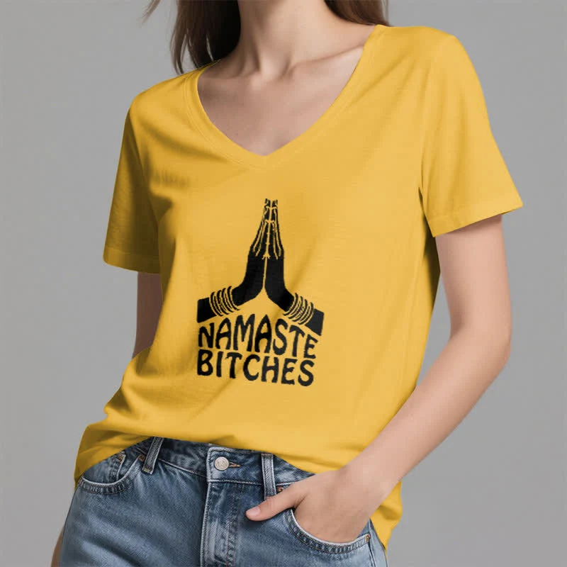 Olivenorma Lustiges Namaste Meditation Yoga T-Shirt mit V-Ausschnitt