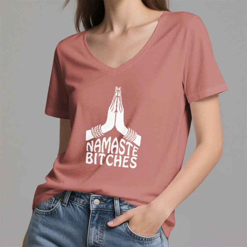 Olivenorma Lustiges Namaste Meditation Yoga T-Shirt mit V-Ausschnitt