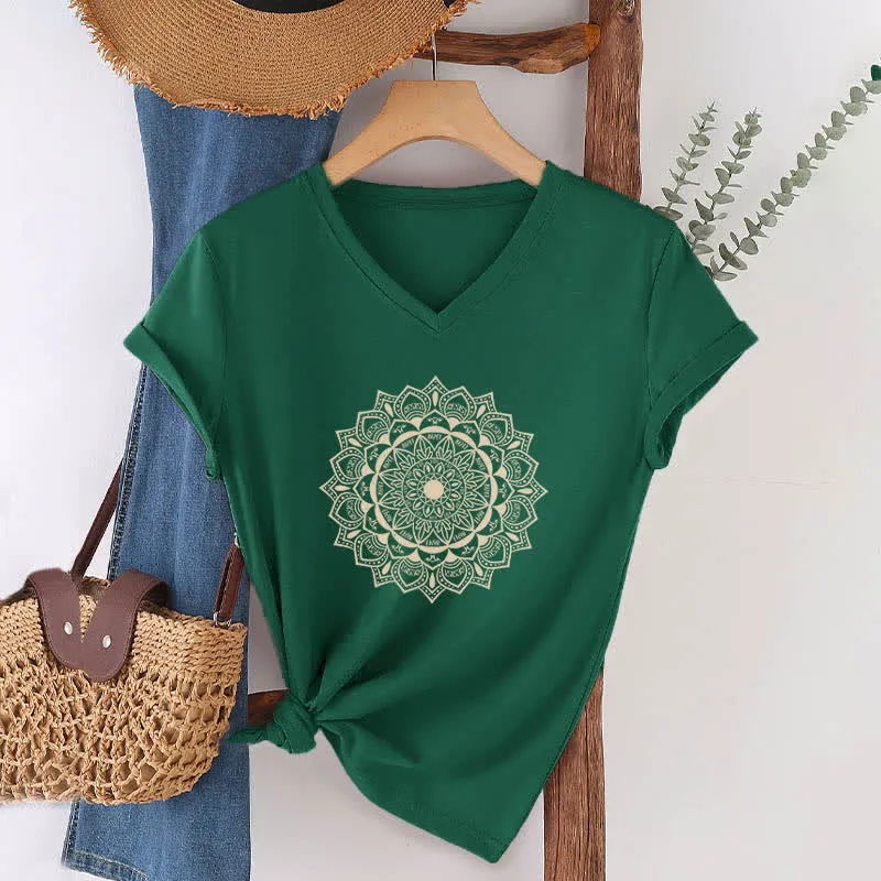Olivenorma Mandala Lotus Boho Flower Yoga T-Shirt mit V-Ausschnitt