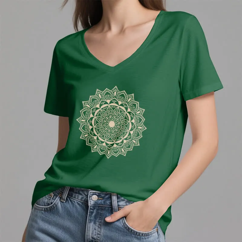 Olivenorma Mandala Lotus Boho Flower Yoga T-Shirt mit V-Ausschnitt