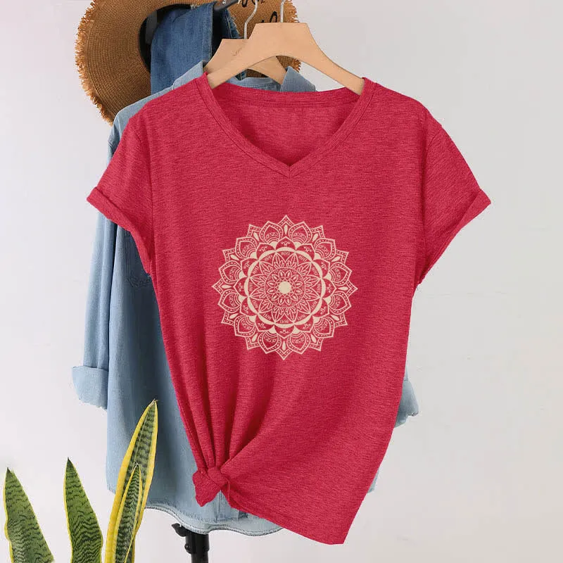 Olivenorma Mandala Lotus Boho Flower Yoga T-Shirt mit V-Ausschnitt