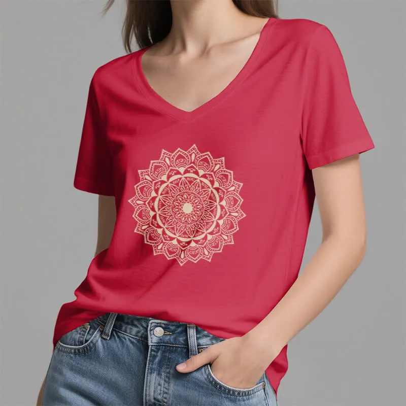 Olivenorma Mandala Lotus Boho Flower Yoga T-Shirt mit V-Ausschnitt