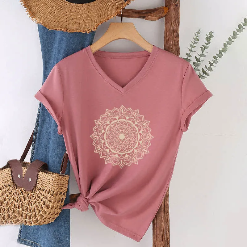 Olivenorma Mandala Lotus Boho Flower Yoga T-Shirt mit V-Ausschnitt