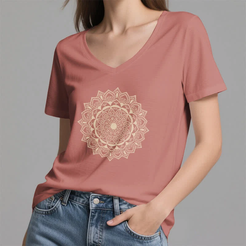 Olivenorma Mandala Lotus Boho Flower Yoga T-Shirt mit V-Ausschnitt