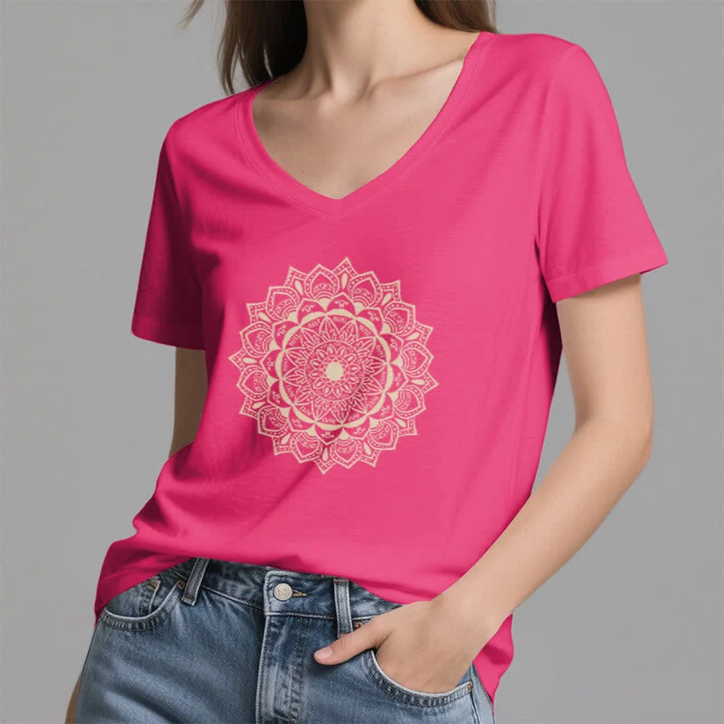 Olivenorma Mandala Lotus Boho Flower Yoga T-Shirt mit V-Ausschnitt