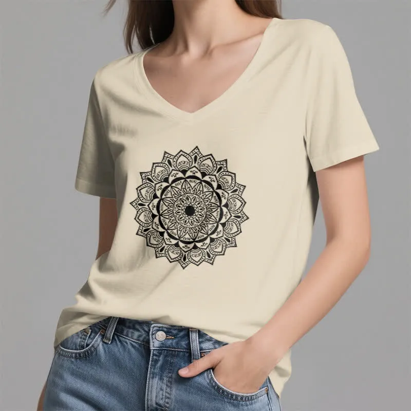 Olivenorma Mandala Lotus Boho Flower Yoga T-Shirt mit V-Ausschnitt