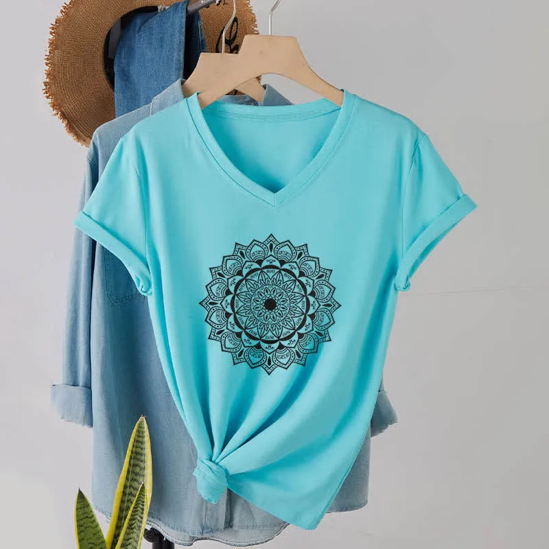 Olivenorma Mandala Lotus Boho Flower Yoga T-Shirt mit V-Ausschnitt