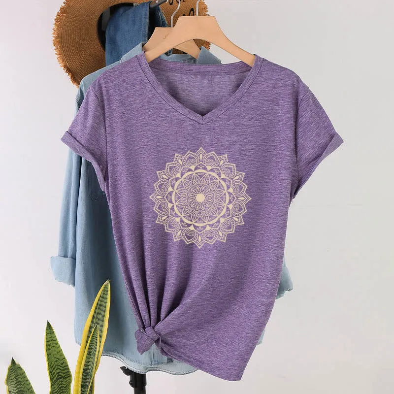 Olivenorma Mandala Lotus Boho Flower Yoga T-Shirt mit V-Ausschnitt