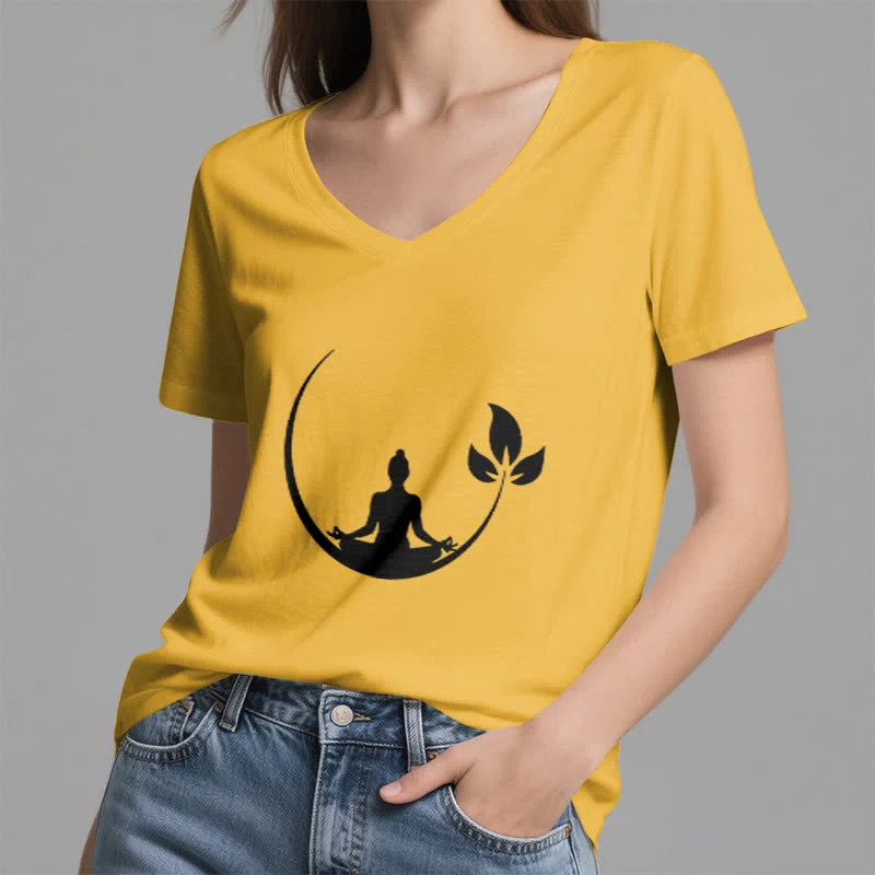 Olivenorma Yoga Lotus Buddha Meditation T-Shirt mit V-Ausschnitt