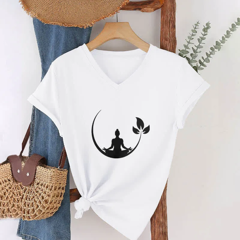 Olivenorma Yoga Lotus Buddha Meditation T-Shirt mit V-Ausschnitt