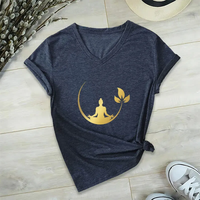 Olivenorma Yoga Lotus Buddha Meditation T-Shirt mit V-Ausschnitt