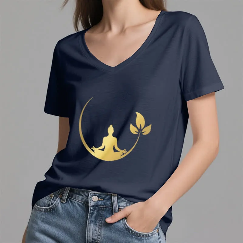Olivenorma Yoga Lotus Buddha Meditation T-Shirt mit V-Ausschnitt