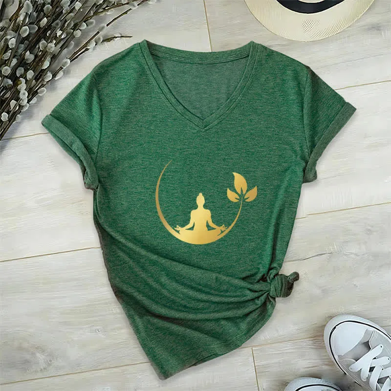 Olivenorma Yoga Lotus Buddha Meditation T-Shirt mit V-Ausschnitt