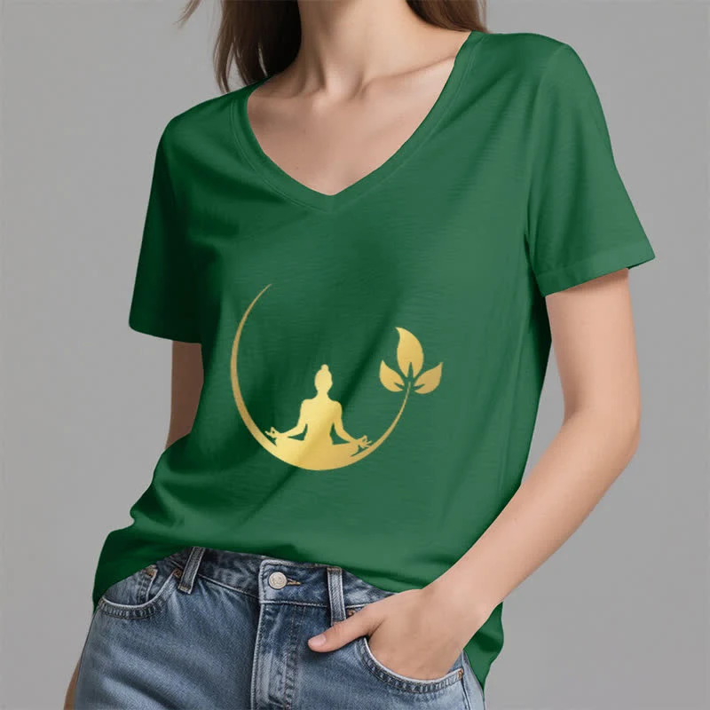 Olivenorma Yoga Lotus Buddha Meditation T-Shirt mit V-Ausschnitt
