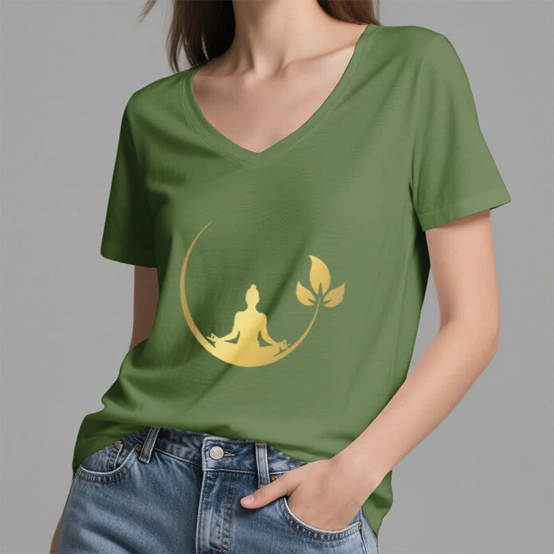 Olivenorma Yoga Lotus Buddha Meditation T-Shirt mit V-Ausschnitt