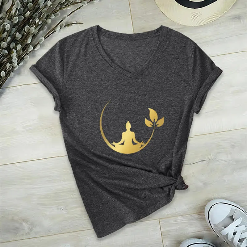 Olivenorma Yoga Lotus Buddha Meditation T-Shirt mit V-Ausschnitt
