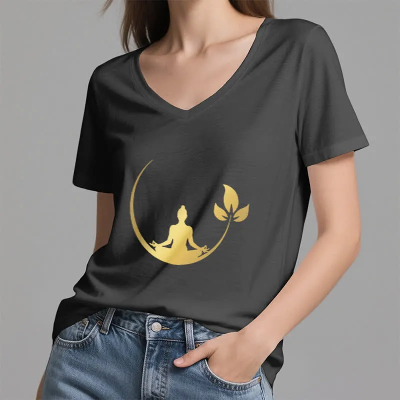 Olivenorma Yoga Lotus Buddha Meditation T-Shirt mit V-Ausschnitt