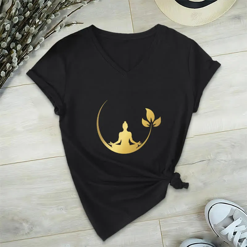 Olivenorma Yoga Lotus Buddha Meditation T-Shirt mit V-Ausschnitt