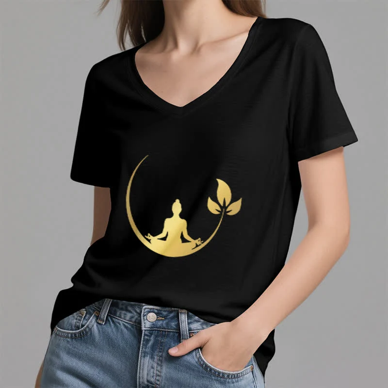 Olivenorma Yoga Lotus Buddha Meditation T-Shirt mit V-Ausschnitt