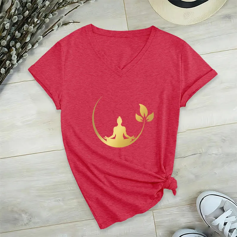 Olivenorma Yoga Lotus Buddha Meditation T-Shirt mit V-Ausschnitt