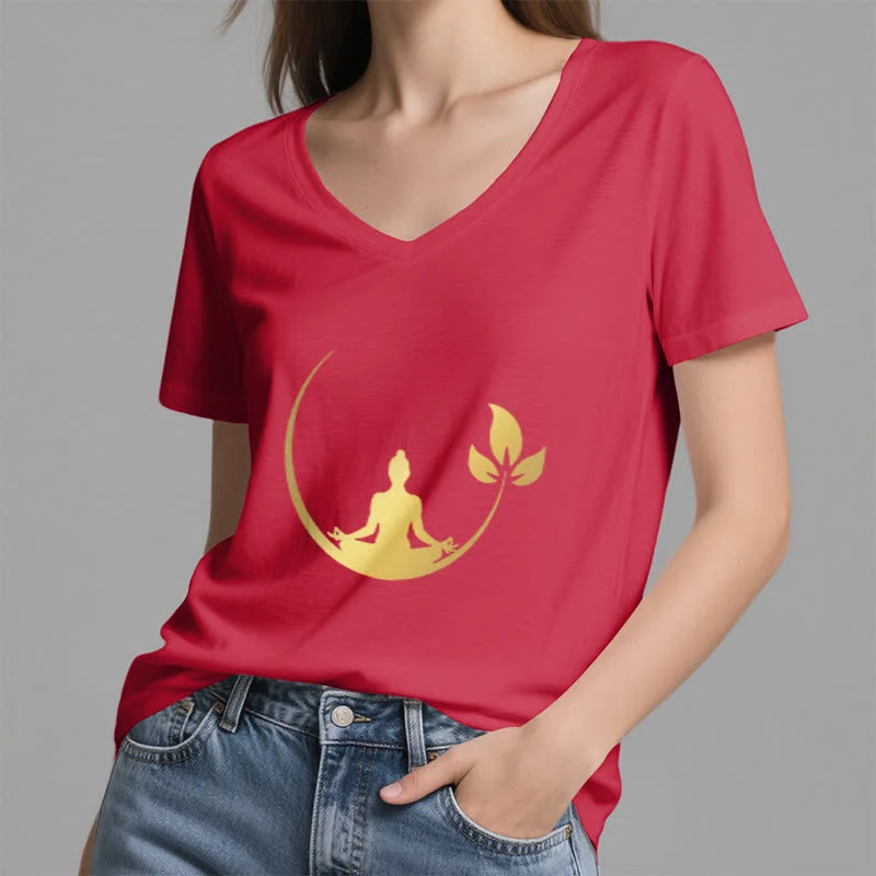 Olivenorma Yoga Lotus Buddha Meditation T-Shirt mit V-Ausschnitt