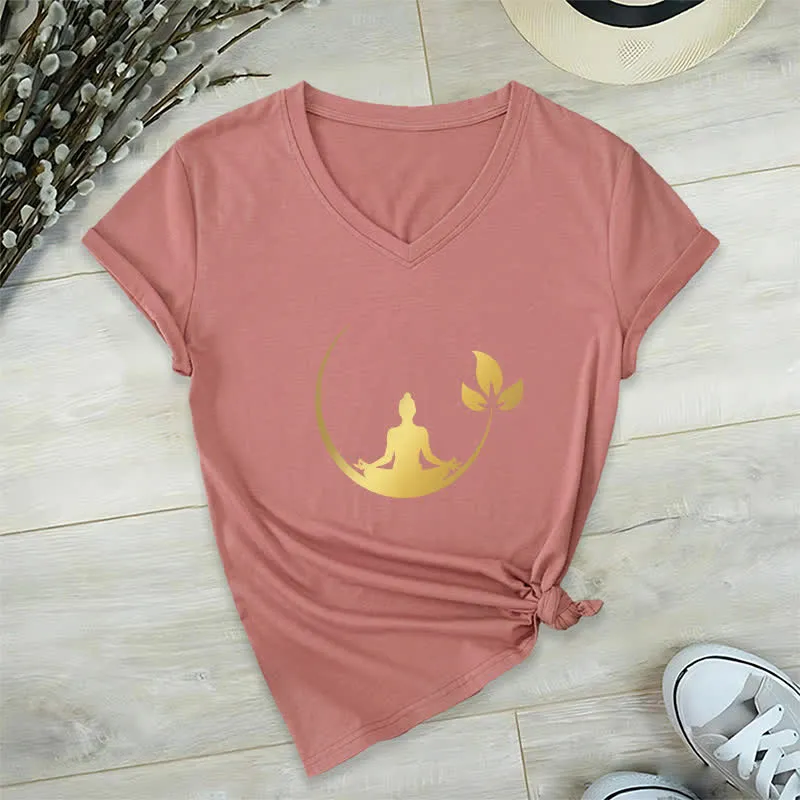 Olivenorma Yoga Lotus Buddha Meditation T-Shirt mit V-Ausschnitt