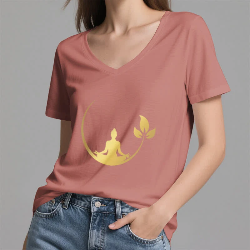 Olivenorma Yoga Lotus Buddha Meditation T-Shirt mit V-Ausschnitt