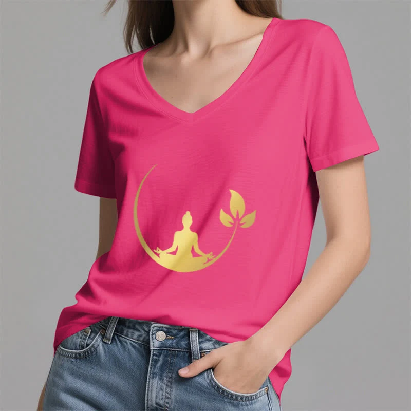 Olivenorma Yoga Lotus Buddha Meditation T-Shirt mit V-Ausschnitt