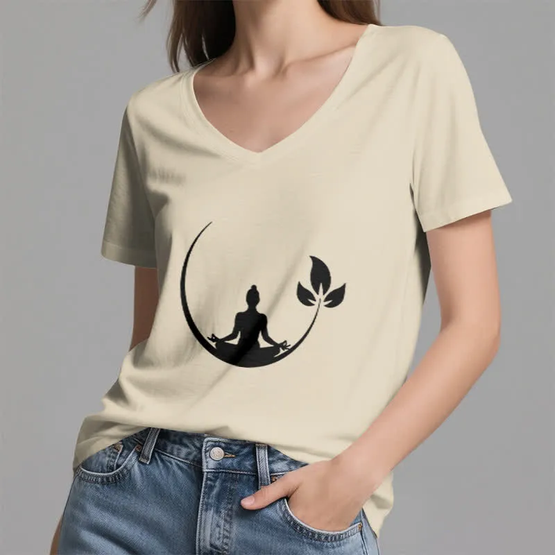Olivenorma Yoga Lotus Buddha Meditation T-Shirt mit V-Ausschnitt