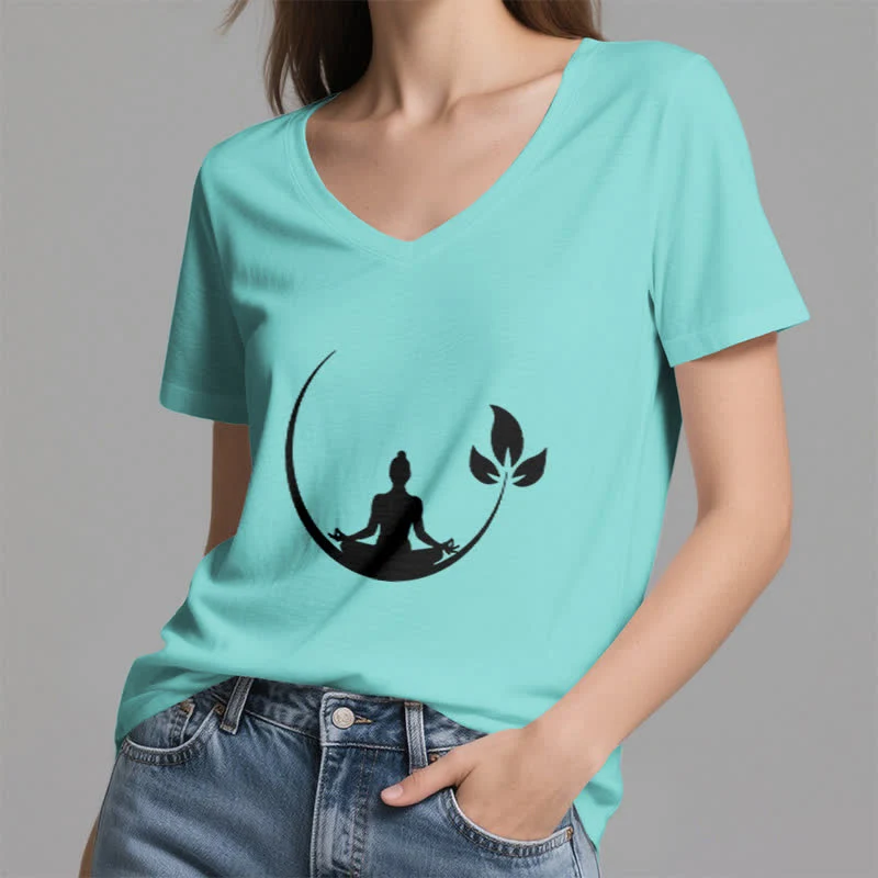 Olivenorma Yoga Lotus Buddha Meditation T-Shirt mit V-Ausschnitt
