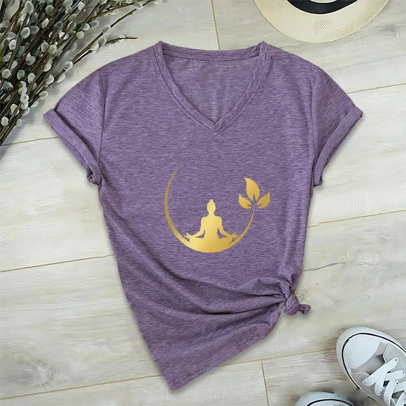 Olivenorma Yoga Lotus Buddha Meditation T-Shirt mit V-Ausschnitt