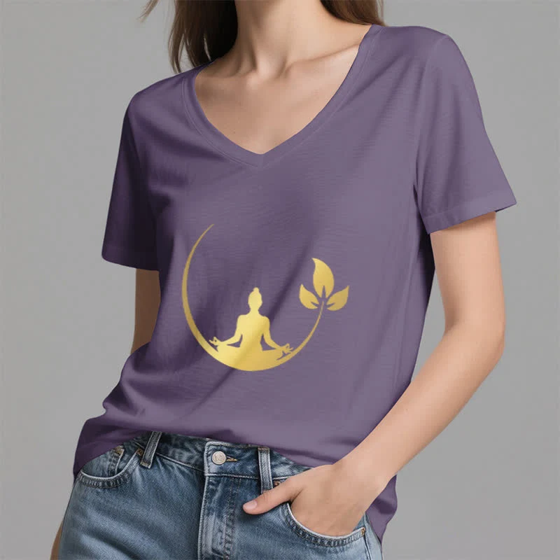 Olivenorma Yoga Lotus Buddha Meditation T-Shirt mit V-Ausschnitt