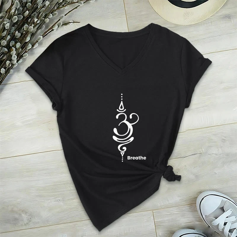 Olivenorma Breathe Symbol Damen Kurzarm V-Ausschnitt Yoga Meditation T-Shirt