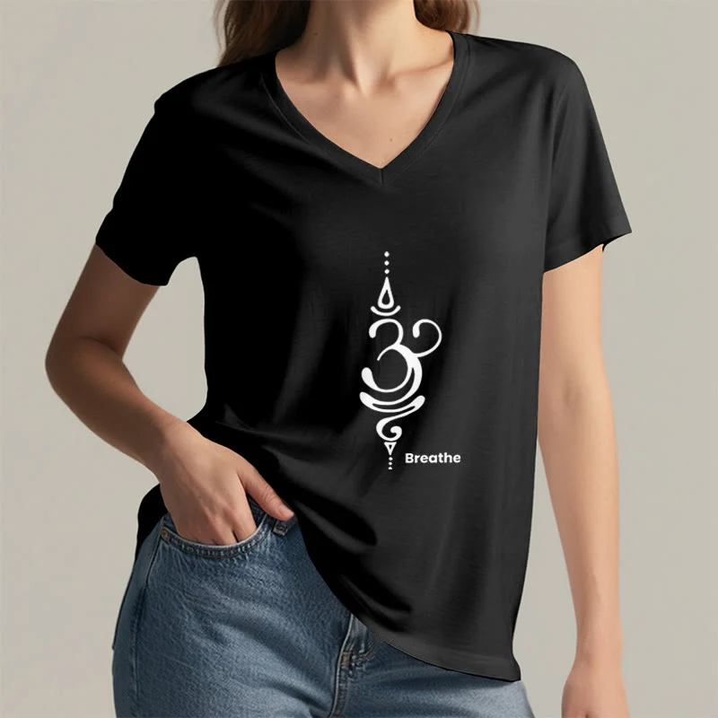 Olivenorma Breathe Symbol Damen Kurzarm V-Ausschnitt Yoga Meditation T-Shirt