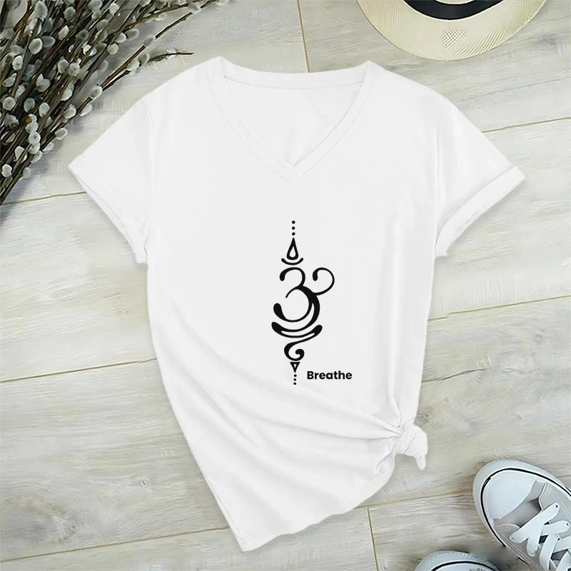 Olivenorma Breathe Symbol Damen Kurzarm V-Ausschnitt Yoga Meditation T-Shirt